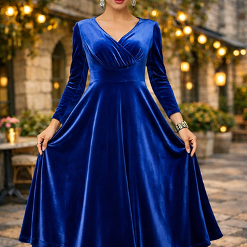 Gold Velvet Long Sleeve A-Line Prom Dress